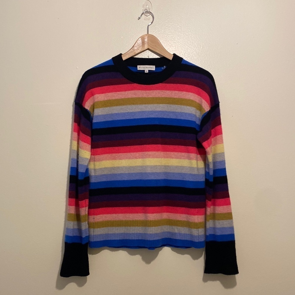 WHITE + WARREN MULTICOLOR STRIPED CASHMERE CREW NECK SWEATER . Size Xs